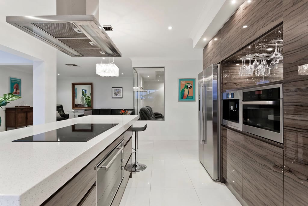 Modern kitchen with timber-look cabinetry and island bench